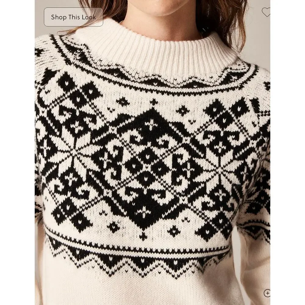 J. Crew Fair Isle snowflake mockneck sweater in vintage wool Ivory Black NWT XS